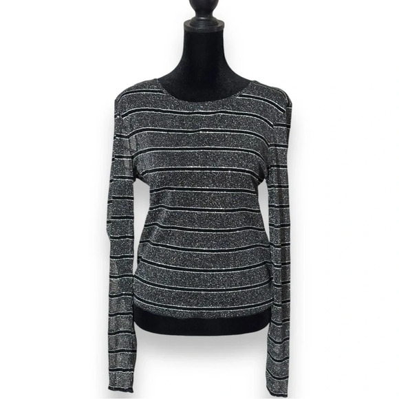 Stelen Sheer Horizontal Stripe Fitted Long Sleeve Black/Gray/Silver Sparkle Top - Picture 1 of 16
